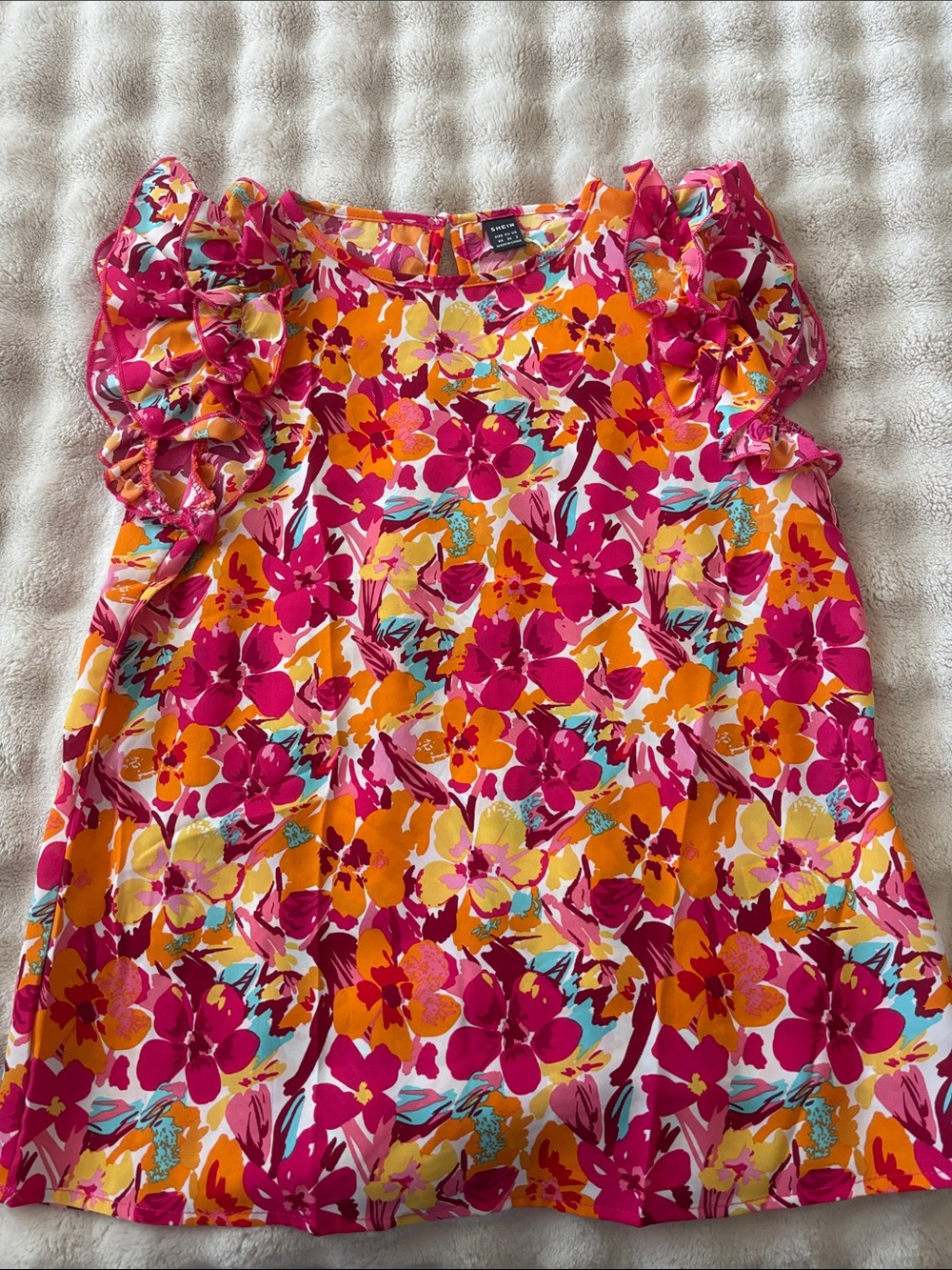 SHEIN Bright Pink & Orange Floral Ruffle Sleeve Dress